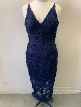XSCAPE, Midnight Blue, Polyester, Abstract , Lace Netting with Textured Appliques, Spaghetti Straps, V-neck, Sheath Dress, Sheer at Hem, Midi Length
