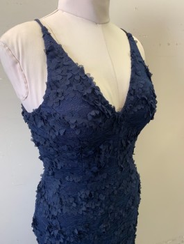Womens, Cocktail Dress, XSCAPE, Midnight Blue, Polyester, Abstract , Sz.8, Lace Netting with Textured Appliques, Spaghetti Straps, V-neck, Sheath Dress, Sheer at Hem, Midi Length