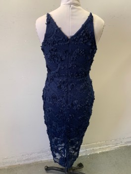 XSCAPE, Midnight Blue, Polyester, Abstract , Lace Netting with Textured Appliques, Spaghetti Straps, V-neck, Sheath Dress, Sheer at Hem, Midi Length