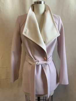 TED BAKER, Lt Pink, Wool, Solid, Double Breasted, Rose Gold Buttons, Soft Pointed Flap Collar with Cream Contrast, 2 Pockets, Pink and Gray Floral Lining, with Matching Belt (CF012091)