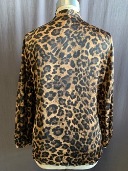 Womens, Blouse, MICHAEL KORS, Brown, Black, Polyester, Animal Print, XL, V-neck, Band Tie Collar, Long Sleeves with Gathered Lower Sleeve, Button Cuff