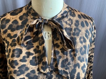 Womens, Blouse, MICHAEL KORS, Brown, Black, Polyester, Animal Print, XL, V-neck, Band Tie Collar, Long Sleeves with Gathered Lower Sleeve, Button Cuff