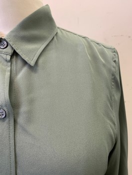 Womens, Blouse, ZARA, Olive Green, Silk, Solid, B40, L, C.A., Button Front, L/S,