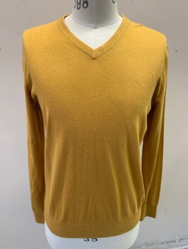 BANANA REPUBLIC, Mustard Yellow, Silk, Cotton, Solid, Knit, Long Sleeves, V-neck
