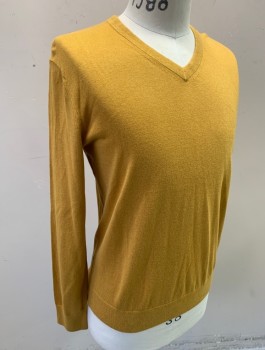 BANANA REPUBLIC, Mustard Yellow, Silk, Cotton, Solid, Knit, Long Sleeves, V-neck