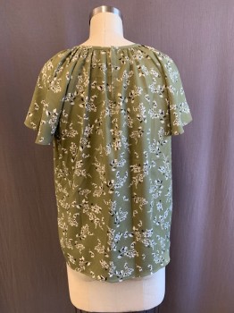 ANN TAYLOR, Olive Green, White, Black, Polyester, Floral, Round Neck, S/S, Keyhole Back,
