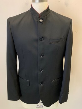 RAYMOND, Black, Polyester, Wool, Solid, Mandarin/Nehru Collar, 5 Buttons, 3 Pockets, Gabardine,
