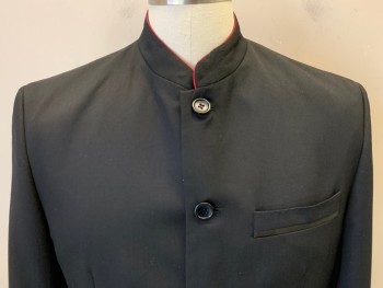 RAYMOND, Black, Polyester, Wool, Solid, Mandarin/Nehru Collar, 5 Buttons, 3 Pockets, Gabardine,