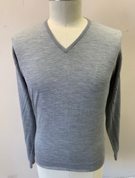 Mens, Pullover Sweater, JOHN SMEDLEY, Gray, Wool, Solid, L, Knit, V-neck, Long Sleeves