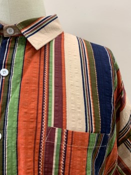 Mens, Casual Shirt, MISSLOOK, Rust Orange, Navy Blue, Multi-color, Rayon, Stripes, XL, C.A., B.F., S/S, 1 Pckt, Olive Green, Beige, Burgundy Colors