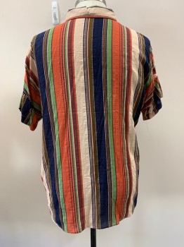 Mens, Casual Shirt, MISSLOOK, Rust Orange, Navy Blue, Multi-color, Rayon, Stripes, XL, C.A., B.F., S/S, 1 Pckt, Olive Green, Beige, Burgundy Colors