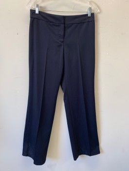 ANNE KLEIN, Navy Blue, Polyester, Rayon, Solid, Mid Rise, 1.5 Wide Self Waistband, Flared Leg, Zip Fly With Hook Closure