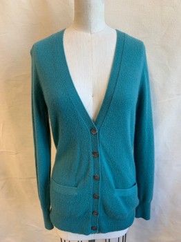 Womens, Sweater, J. CREW, Teal Green, Cashmere, Solid, XS, V-neck, Button Front, 2 Pockets, Ribbed Knit Waistband/Cuff
