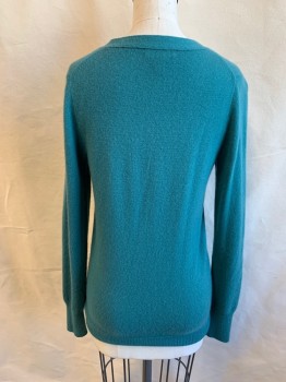 Womens, Sweater, J. CREW, Teal Green, Cashmere, Solid, XS, V-neck, Button Front, 2 Pockets, Ribbed Knit Waistband/Cuff