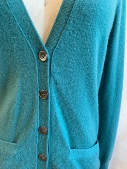 Womens, Cardigan Sweater, J. CREW, Teal Green, Cashmere, Solid, XS, V-neck, Button Front, 2 Pockets, Ribbed Knit Waistband/Cuff
