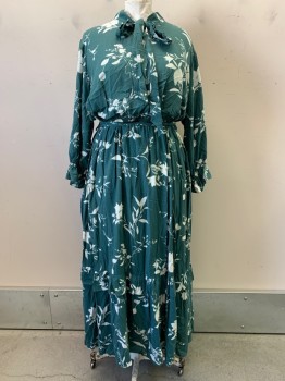 Womens, Dress, Ava & Vivi, Jade Green, White, Ramie, Floral, 3X, L/S, V Neck, Neck Tie, Elastic Waist Band with Belt, Side Pockets, Scrunched Cuffs