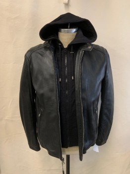 Mens, Leather Jacket, MARC NEW YORK, Black, Leather, Cotton, Solid, 38, M, Band Collar with Snap, Removable Hoodie with Drawstring, And Faux Sweater Zip Front, Leather Zip Front, 2 Zip Pckts, MULTIPLES