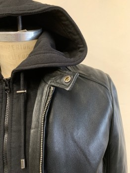 Mens, Leather Jacket, MARC NEW YORK, Black, Leather, Cotton, Solid, 38, M, Band Collar with Snap, Removable Hoodie with Drawstring, And Faux Sweater Zip Front, Leather Zip Front, 2 Zip Pckts, MULTIPLES