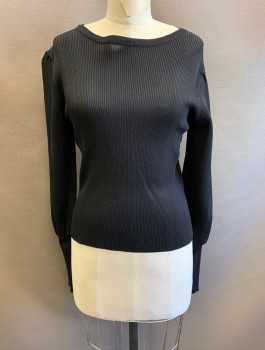 Womens, Pullover, LEA & VIOLA, Black, Rayon, Nylon, Solid, M, Rib Knit, Long Blousy Sleeves with Fitted Cuffs, Scoop Neck, Fitted