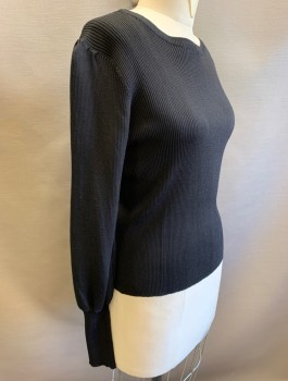 Womens, Pullover, LEA & VIOLA, Black, Rayon, Nylon, Solid, M, Rib Knit, Long Blousy Sleeves with Fitted Cuffs, Scoop Neck, Fitted