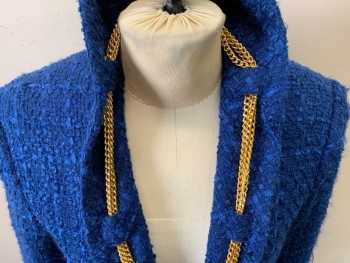 Womens, Blazer, GIANCARLO FERRARI, Royal Blue, Gold, Acrylic, Polyester, Solid, 2, Self Plaid Weave, Open Front, Gold Chain Trimmed Shawl Collar, Belt Loops,