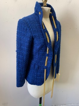 Womens, Blazer, GIANCARLO FERRARI, Royal Blue, Gold, Acrylic, Polyester, Solid, 2, Self Plaid Weave, Open Front, Gold Chain Trimmed Shawl Collar, Belt Loops,