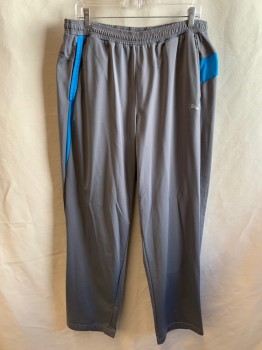 Mens, Sweatsuit Pants, PUMA, Medium Gray, Polyester, Solid, L, Elastic Smocked Drawstring Waist, Blue Wavy Line Back, Blue Side Seam Stripes, 3 Pockets