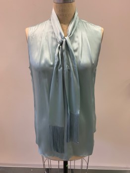 Womens, Top, ELIE TAHARI, Mint Green, Silk, Solid, B: 40, M, V-N, Neck, Tie Attached With Fringe, Sleeveless