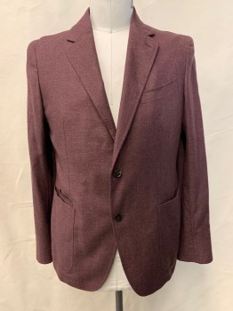 Mens, Sportcoat/Blazer, ZEGNA ERMENEGILDO, Plum Purple, Silk, Polyester, Solid, 34/33, 46L, 2 Buttons, Single Breasted, Notched Lapel, 3 Pockets (2 Patch), Elbow Patches, Top Stitch Detail, Unlined Soft Structure