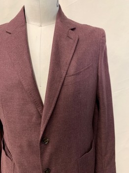 Mens, Sportcoat/Blazer, ZEGNA ERMENEGILDO, Plum Purple, Silk, Polyester, Solid, 34/33, 46L, 2 Buttons, Single Breasted, Notched Lapel, 3 Pockets (2 Patch), Elbow Patches, Top Stitch Detail, Unlined Soft Structure