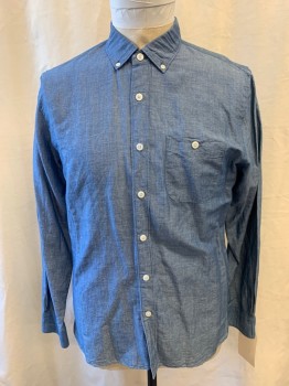 TODD SNYDER, Blue, Linen, Cotton, Heathered, Long Sleeves, Button Front, Button Down Collar Attached, 1 Buttoned Pocket