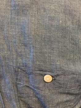 TODD SNYDER, Blue, Linen, Cotton, Heathered, Long Sleeves, Button Front, Button Down Collar Attached, 1 Buttoned Pocket