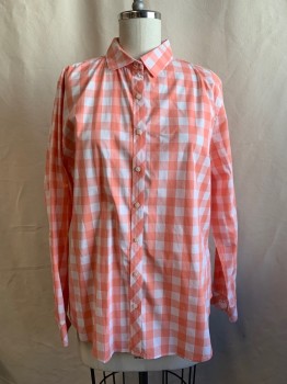 Womens, Blouse, LAURA & SCOTT, Peachy Pink, White, Cotton, Spandex, Check , XL, Button Front, Collar Attached, Long Sleeves, Button Cuff, Button Sleeve Tabs for Roll Up