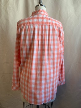 Womens, Blouse, LAURA & SCOTT, Peachy Pink, White, Cotton, Spandex, Check , XL, Button Front, Collar Attached, Long Sleeves, Button Cuff, Button Sleeve Tabs for Roll Up