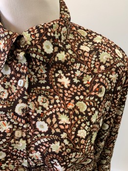 DUNDIN, Dk Brown, Multi-color, Poly/Cotton, Floral, L/S, Button Front, Plastic Buttons With Glitter