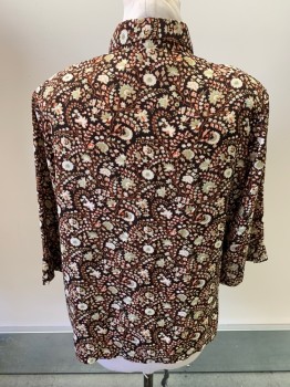 DUNDIN, Dk Brown, Multi-color, Poly/Cotton, Floral, L/S, Button Front, Plastic Buttons With Glitter