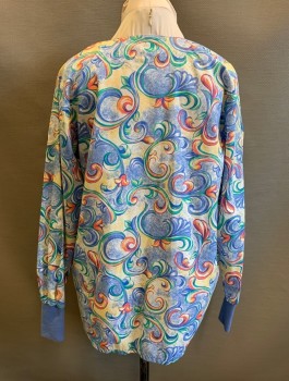 Unisex, Cardigan Unisex, LANDAU, Lt Blue, Green, White, Coral Orange, Yellow, Poly/Cotton, Swirl , L, Crew Neck, Snap Front, Long Sleeves, Solid Blue Elastic Cuffs, 2 Patch Pockets