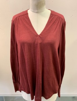 L.K. BENNETT, Maroon Red, Lyocell, Wool, Solid, Jersey, L/S, V-Neck, Pullover, Gathered at Shoulders and Back Yoke