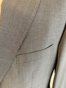BOSS, Gray, Wool, Solid, Notched Lapel, 2 Bttns, Single Breasted, 3 Pckts, Double Back Vent, Top Stitch On Lapel & Pockets