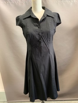 PETALO, Black, Cotton, Elastane, Solid, Collar Shirt Dress, with Belt Loops and  Self Button Front Closure. Side Zipper. No Belt.