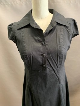 PETALO, Black, Cotton, Elastane, Solid, Collar Shirt Dress, with Belt Loops and  Self Button Front Closure. Side Zipper. No Belt.