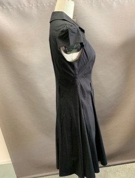 PETALO, Black, Cotton, Elastane, Solid, Collar Shirt Dress, with Belt Loops and  Self Button Front Closure. Side Zipper. No Belt.