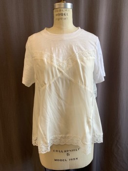 Womens, Top, SEA, Off White, Ivory White, Cotton, Polyester, Solid, Heathered, S, CN, S/S, White T-shirt Top, Sheer Satin Camisole Like Bust, White Lace Trim, Open Back, Keyhole Back,