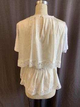 SEA, Off White, Ivory White, Cotton, Polyester, Solid, Heathered, CN, S/S, White T-shirt Top, Sheer Satin Camisole Like Bust, White Lace Trim, Open Back, Keyhole Back,