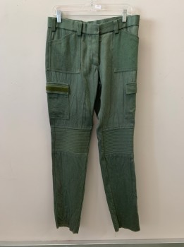 MTO, Olive Green, Synthetic, Solid, Aged/Distressed, Cargo, 6 Pckts, Belt Loops, Zip Fly, Velcro Closure,