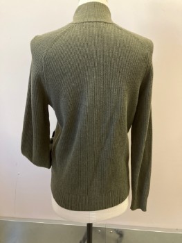 Mens, Cardigan Sweater, BANANA REPUBLIC, Olive Green, Cotton, Solid, M, Heavy Weight, Zip Front, Stand Collar, All Over Rib Knit, 2 Vertical Welt Pckt, Raglan L/S,