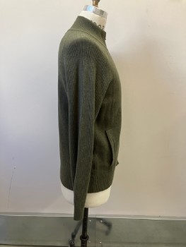 Mens, Cardigan Sweater, BANANA REPUBLIC, Olive Green, Cotton, Solid, M, Heavy Weight, Zip Front, Stand Collar, All Over Rib Knit, 2 Vertical Welt Pckt, Raglan L/S,