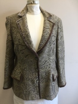 Womens, Blazer, N/L, Olive Green, Taupe, Mint Green, Wool, Paisley/Swirls, B 48, Olive Velvet Trim, Single Breasted, C.A., Notched Lapel, 3 Bttns, 2 Flap Pockets