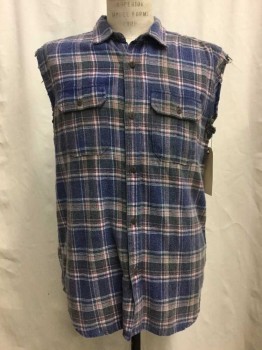 Salt Valley, Purple, Brown, Black, Red, White, Cotton, Plaid, Royal Purple/brown/black/red/white Plaid, Sleeveless with Cut Of Trim, Button Front, Collar Attached, 2 Flap Pockets
