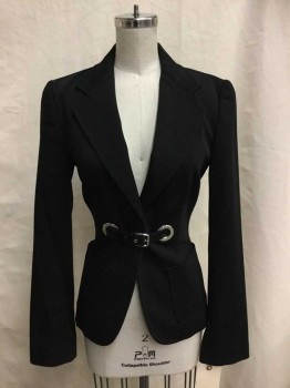 Womens, Blazer, DOLCE & GABBANA, Black, Acetate, Nylon, Solid, 2, Notched Lapel, 1 Snap Front, 2 Pckts, Top Stitching, 2 Silver Grommets At Waist with Patent Leather 1/2 Belt
